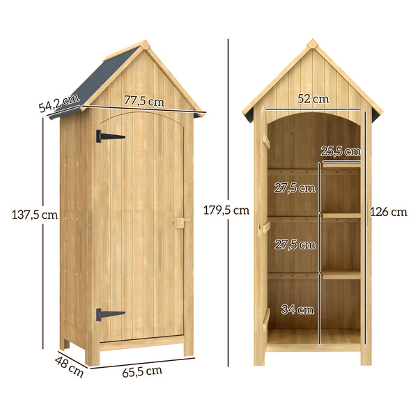 Abri de jardin en bois cabane de jardin exterieur armoire de jardin avec toit bitumé 3 étagères porte avec loquet rangement et stockage extérieurs pour terrasse 77,5 x 54,2 x 179,5 cm naturel