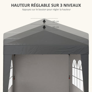 Tonnelle de jardin pliante pop-up 2 x 2 m tente de réception hauteur réglable 3 niveaux Anti-UV 30+ 3 parois latérales avec 4 sacs de sable et 1 sac de transport tissu Oxford acier gris