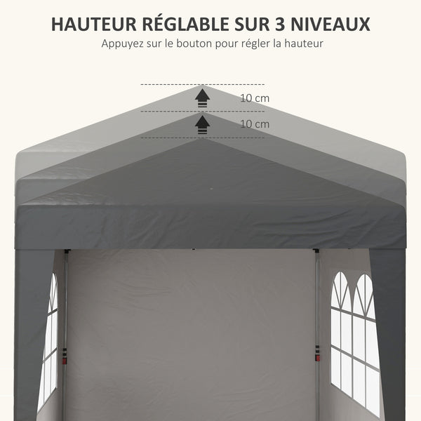 Tonnelle de jardin pliante pop-up 2 x 2 m tente de réception hauteur réglable 3 niveaux Anti-UV 30+ 3 parois latérales avec 4 sacs de sable et 1 sac de transport tissu Oxford acier gris