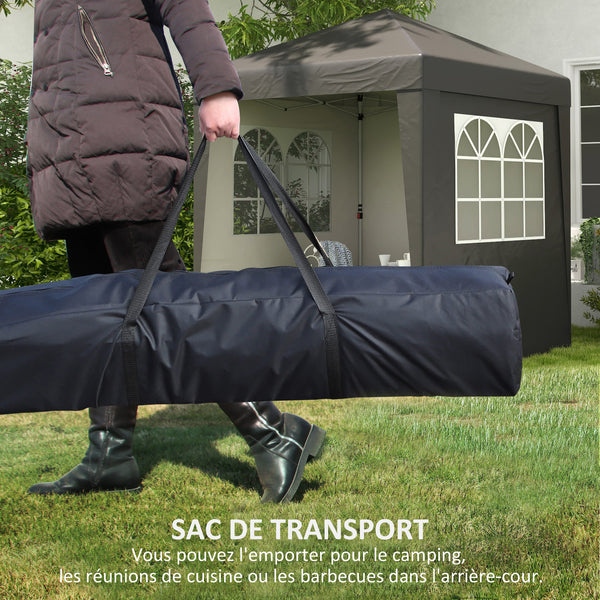 Tonnelle de jardin pliante pop-up 2 x 2 m tente de réception hauteur réglable 3 niveaux Anti-UV 30+ 3 parois latérales avec 4 sacs de sable et 1 sac de transport tissu Oxford acier gris