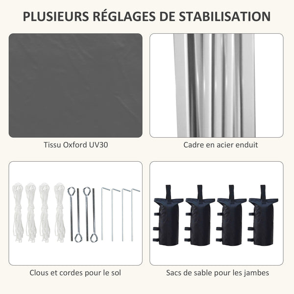 Tonnelle de jardin pliante pop-up 2 x 2 m tente de réception hauteur réglable 3 niveaux Anti-UV 30+ 3 parois latérales avec 4 sacs de sable et 1 sac de transport tissu Oxford acier gris