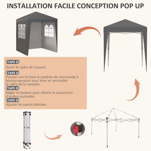 Tonnelle de jardin pliante pop-up 2 x 2 m tente de réception hauteur réglable 3 niveaux Anti-UV 30+ 3 parois latérales avec 4 sacs de sable et 1 sac de transport tissu Oxford acier gris