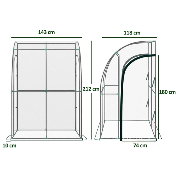 Serre de jardin adossée, serre de balcon, bâche renforcée PVC, châssis en acier, 2 portes zippées enroulables, pour légumes plantes fleurs, intérieur et extérieur, 143x118x212cm, transparent