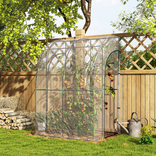Serre de jardin adossée, serre de balcon, bâche renforcée PVC, châssis en acier, 2 portes zippées enroulables, pour légumes plantes fleurs, intérieur et extérieur, 143x118x212cm, transparent