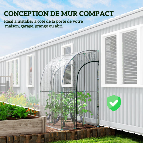 Serre de jardin adossée, serre de balcon, bâche renforcée PVC, châssis en acier, 2 portes zippées enroulables, pour légumes plantes fleurs, intérieur et extérieur, 143x118x212cm, transparent