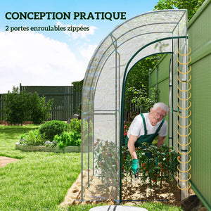 Serre de jardin adossée, serre de balcon, bâche renforcée PVC, châssis en acier, 2 portes zippées enroulables, pour légumes plantes fleurs, intérieur et extérieur, 143x118x212cm, transparent