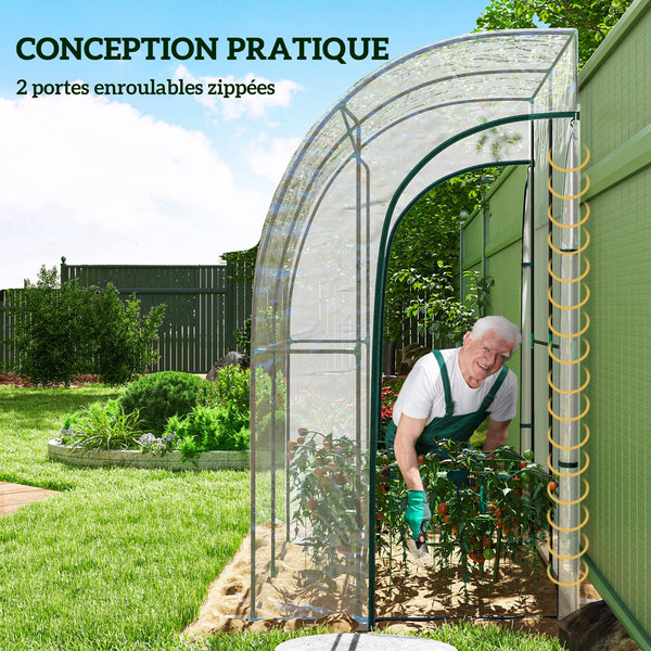 Serre de jardin adossée, serre de balcon, bâche renforcée PVC, châssis en acier, 2 portes zippées enroulables, pour légumes plantes fleurs, intérieur et extérieur, 143x118x212cm, transparent