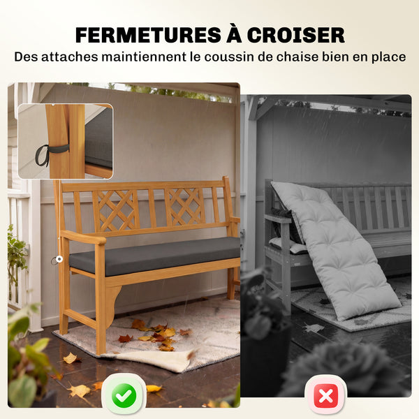 Coussin de banc, coussin pour Banc de Jardin pour l'extérieur et l'intérieur, housse amovible lavable, UPF 30+, sangles de fixation, jardin, patio, 110 x 46 x 6,5 cm, gris foncé