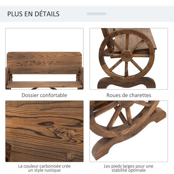 Banc de Jardin 3 Places Style Rustique Chic accoudoirs Roues de Charette Bois Sapin traité carbonisation