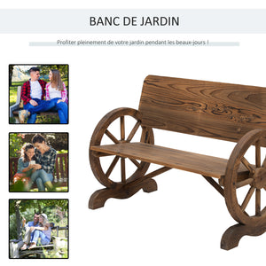 Banc de Jardin 3 Places Style Rustique Chic accoudoirs Roues de Charette Bois Sapin traité carbonisation