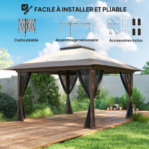 Tonnelle de jardin extérieur barnum de jardin pop-up tente pliant 4 x 4 m double toit protection UV 50+ 4 moustiquaires, 4 sacs de sable, 1 sac de transport tissu Oxford métal beige et marron