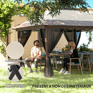Tonnelle de jardin extérieur barnum de jardin pop-up tente pliant 4 x 4 m double toit protection UV 50+ 4 moustiquaires, 4 sacs de sable, 1 sac de transport tissu Oxford métal beige et marron