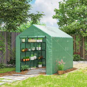 Serre de jardin PE avec étagères 4 niveaux, 4,39 m², serre de balcon bâche renforcée 140 g/m², châssis en acier, porte zippée enroulable, pour légumes plantes fleurs, 244 x 180 x 210 cm, vert