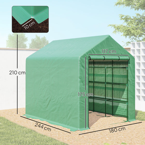 Serre de jardin PE avec étagères 4 niveaux, 4,39 m², serre de balcon bâche renforcée 140 g/m², châssis en acier, porte zippée enroulable, pour légumes plantes fleurs, 244 x 180 x 210 cm, vert