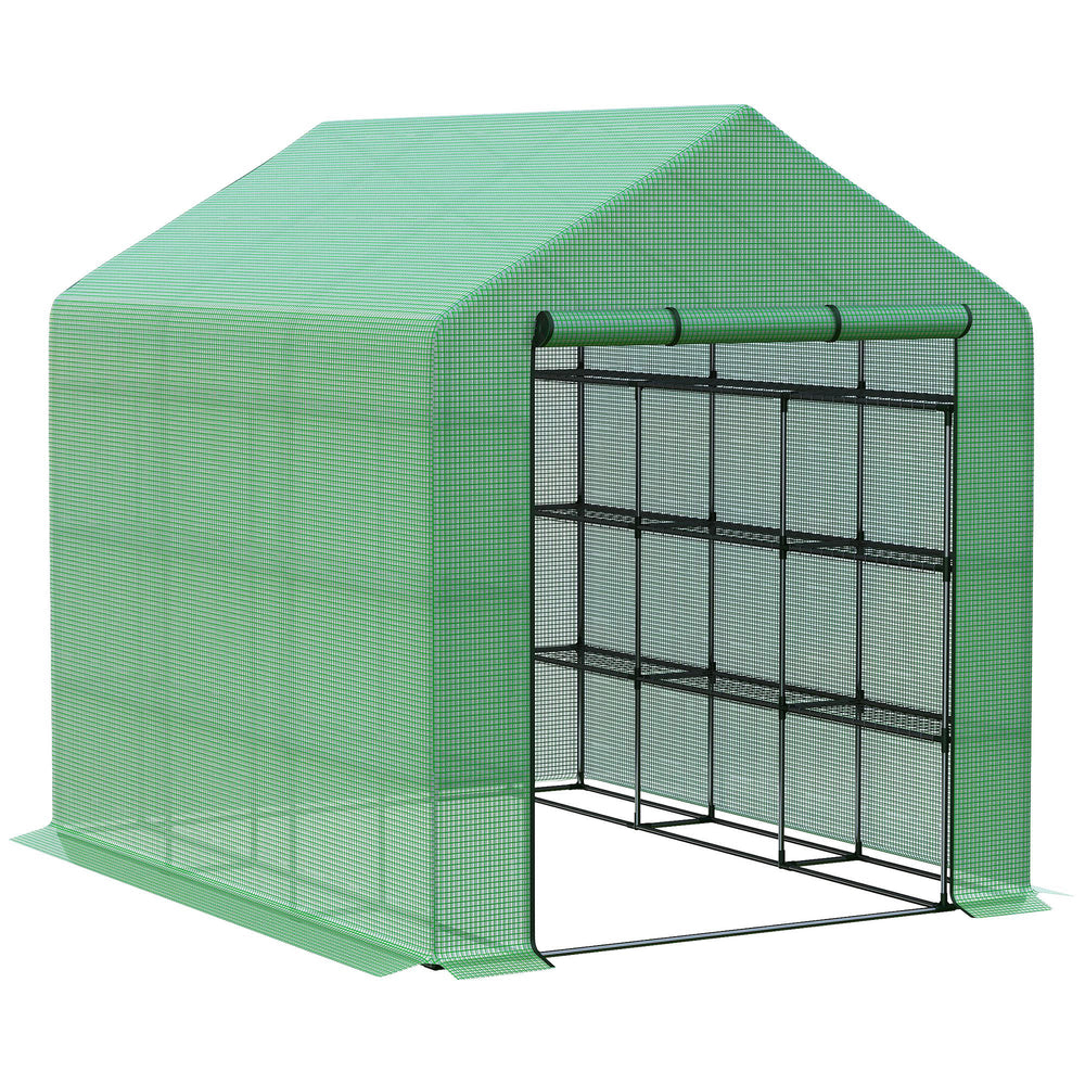 Serre de jardin PE avec étagères 4 niveaux, 4,39 m², serre de balcon bâche renforcée 140 g/m², châssis en acier, porte zippée enroulable, pour légumes plantes fleurs, 244 x 180 x 210 cm, vert