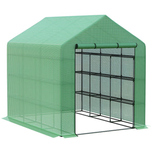 Serre de jardin PE avec étagères 4 niveaux, 4,39 m², serre de balcon bâche renforcée 140 g/m², châssis en acier, porte zippée enroulable, pour légumes plantes fleurs, 244 x 180 x 210 cm, vert