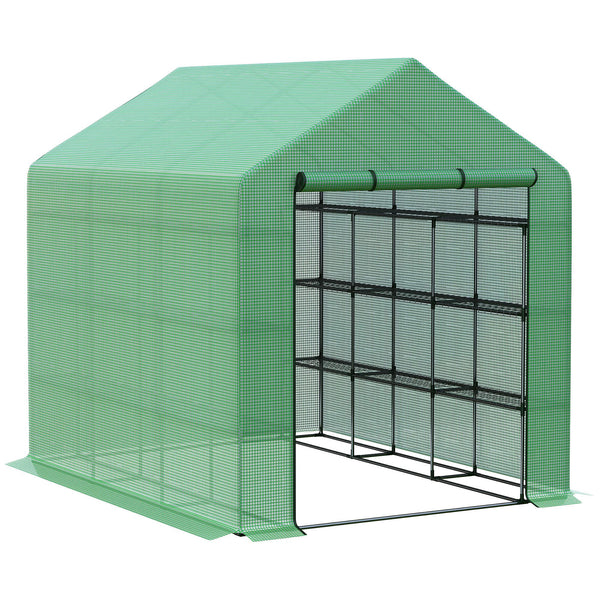 Serre de jardin PE avec étagères 4 niveaux, 4,39 m², serre de balcon bâche renforcée 140 g/m², châssis en acier, porte zippée enroulable, pour légumes plantes fleurs, 244 x 180 x 210 cm, vert