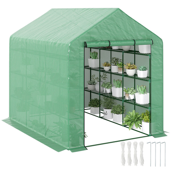 Serre de jardin PE avec étagères 4 niveaux, 4,39 m², serre de balcon bâche renforcée 140 g/m², châssis en acier, porte zippée enroulable, pour légumes plantes fleurs, 244 x 180 x 210 cm, vert