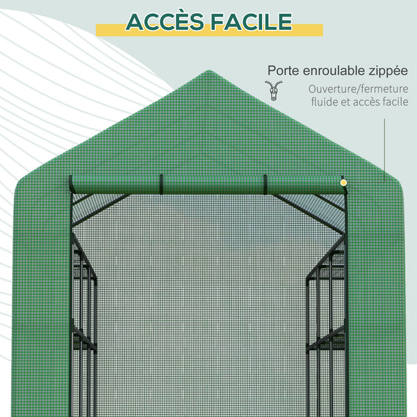 Serre de jardin PE avec étagères 4 niveaux, 4,39 m², serre de balcon bâche renforcée 140 g/m², châssis en acier, porte zippée enroulable, pour légumes plantes fleurs, 244 x 180 x 210 cm, vert