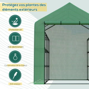 Serre de jardin PE avec étagères 4 niveaux, 4,39 m², serre de balcon bâche renforcée 140 g/m², châssis en acier, porte zippée enroulable, pour légumes plantes fleurs, 244 x 180 x 210 cm, vert