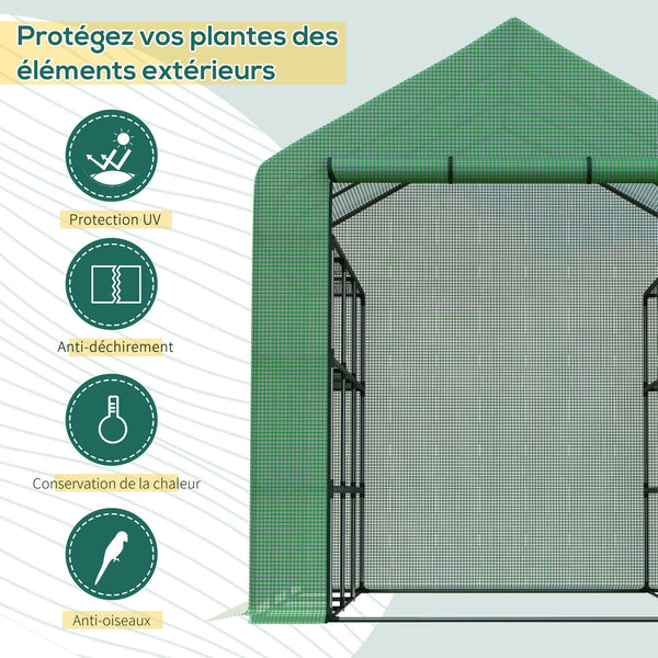 Serre de jardin PE avec étagères 4 niveaux, 4,39 m², serre de balcon bâche renforcée 140 g/m², châssis en acier, porte zippée enroulable, pour légumes plantes fleurs, 244 x 180 x 210 cm, vert
