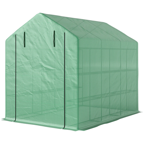 Serre de jardin PE avec étagères 4 niveaux, 4,39 m², serre de balcon bâche renforcée 140 g/m², châssis en acier, porte zippée enroulable, pour légumes plantes fleurs, 244 x 180 x 210 cm, vert