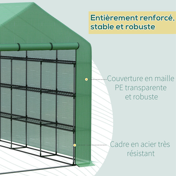 Serre de jardin PE avec étagères 4 niveaux, 4,39 m², serre de balcon bâche renforcée 140 g/m², châssis en acier, porte zippée enroulable, pour légumes plantes fleurs, 244 x 180 x 210 cm, vert