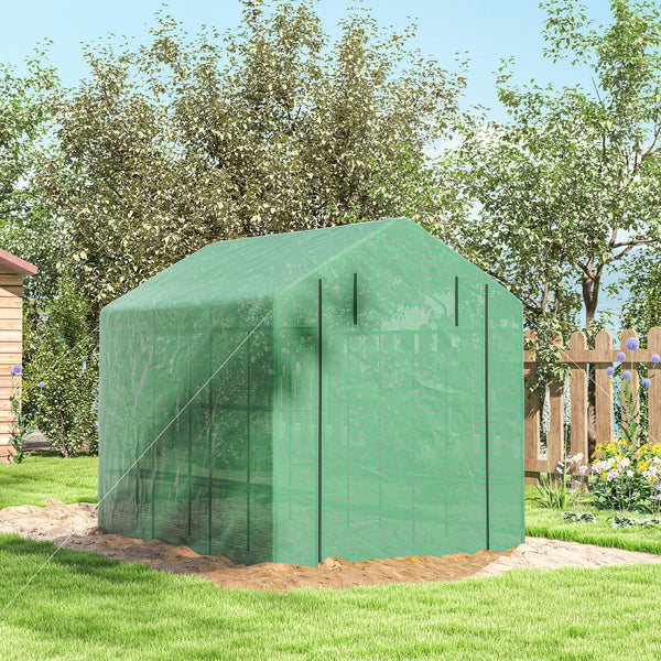 Serre de jardin PE avec étagères 4 niveaux, 4,39 m², serre de balcon bâche renforcée 140 g/m², châssis en acier, porte zippée enroulable, pour légumes plantes fleurs, 244 x 180 x 210 cm, vert