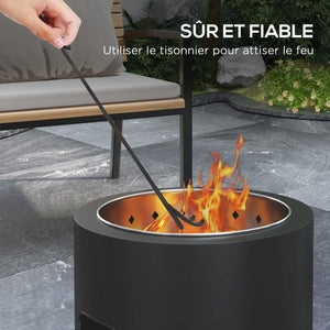 Brasero sans fumée foyer à bois extérieur rond portable en métal avec pot intérieur en acier inoxydable tisonnier poignées rainurées - diamètre 45 cm - noir