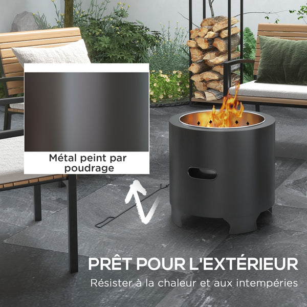 Brasero sans fumée foyer à bois extérieur rond portable en métal avec pot intérieur en acier inoxydable tisonnier poignées rainurées - diamètre 45 cm - noir