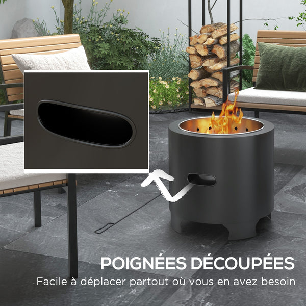Brasero sans fumée foyer à bois extérieur rond portable en métal avec pot intérieur en acier inoxydable tisonnier poignées rainurées - diamètre 45 cm - noir