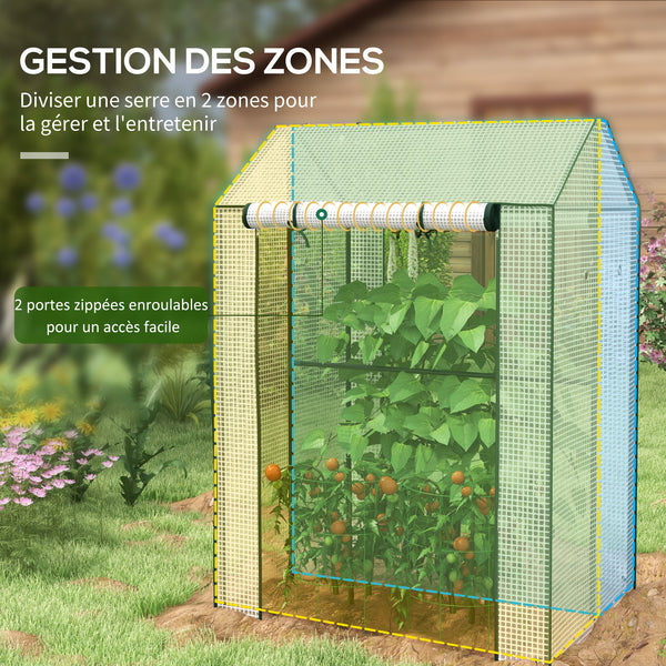 Serre de jardin PE, serre de balcon, bâche renforcée 135 g/m², châssis en acier, 2 portes zippées enroulables, pour légumes plantes fleurs, intérieur et extérieur, 100 x 80 x 150 cm blanc