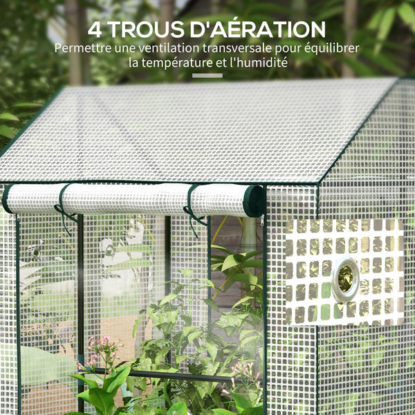 Serre de jardin PE, serre de balcon, bâche renforcée 135 g/m², châssis en acier, 2 portes zippées enroulables, pour légumes plantes fleurs, intérieur et extérieur, 100 x 80 x 150 cm blanc