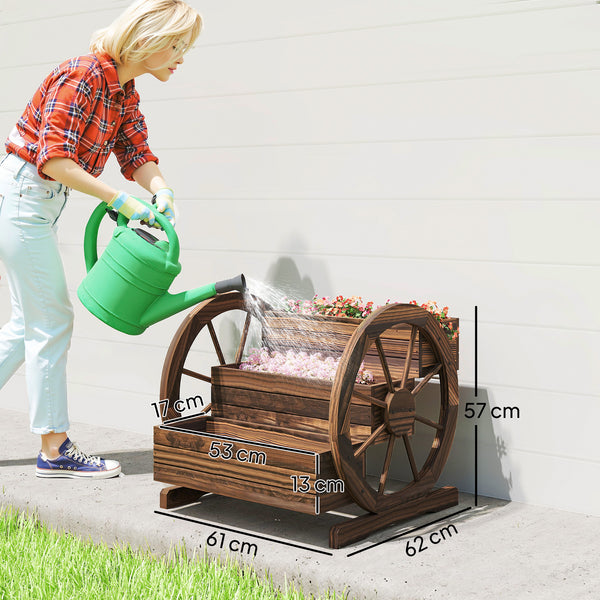 Jardinière sur Pieds carré Potager 3 étages Style Rustique Chic avec 2 roues Charrette Bois Sapin, trous de drainage, dim. 62L x 61l x 57H cm Marron