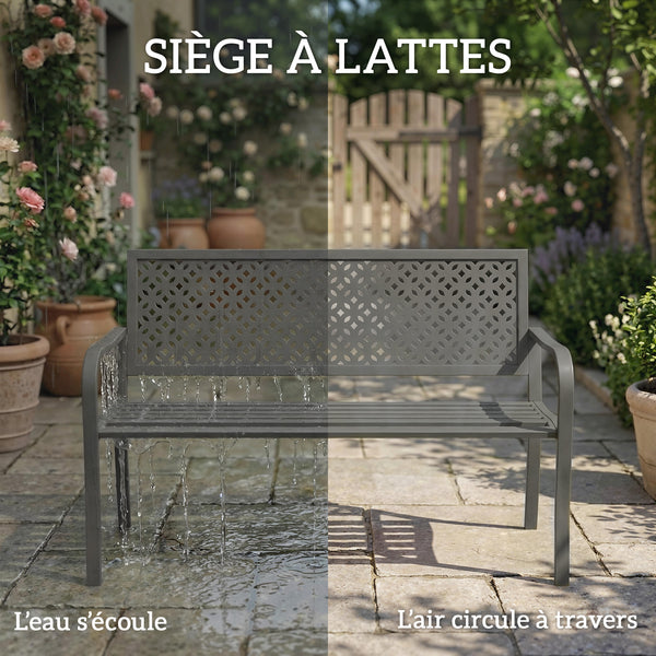 Banc d'extérieur en métal , banc 2 places avec dossier géométrique antirouille et accoudoirs, siège de patio pour balcon, terrasse, parc, gris foncé