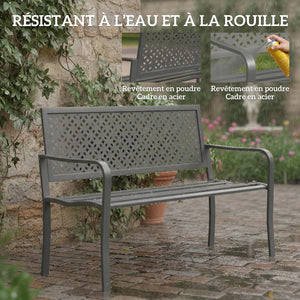 Banc d'extérieur en métal , banc 2 places avec dossier géométrique antirouille et accoudoirs, siège de patio pour balcon, terrasse, parc, gris foncé