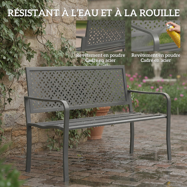 Banc d'extérieur en métal , banc 2 places avec dossier géométrique antirouille et accoudoirs, siège de patio pour balcon, terrasse, parc, gris foncé