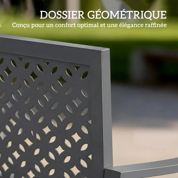 Banc d'extérieur en métal , banc 2 places avec dossier géométrique antirouille et accoudoirs, siège de patio pour balcon, terrasse, parc, gris foncé