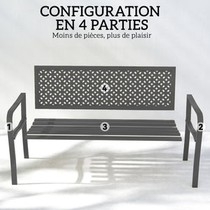 Banc d'extérieur en métal , banc 2 places avec dossier géométrique antirouille et accoudoirs, siège de patio pour balcon, terrasse, parc, gris foncé