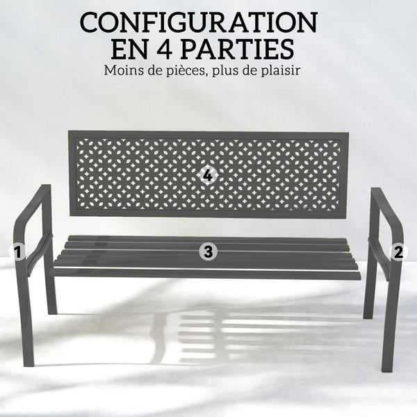 Banc d'extérieur en métal , banc 2 places avec dossier géométrique antirouille et accoudoirs, siège de patio pour balcon, terrasse, parc, gris foncé