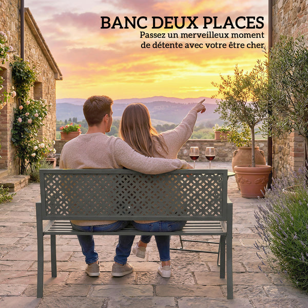 Banc d'extérieur en métal , banc 2 places avec dossier géométrique antirouille et accoudoirs, siège de patio pour balcon, terrasse, parc, gris foncé