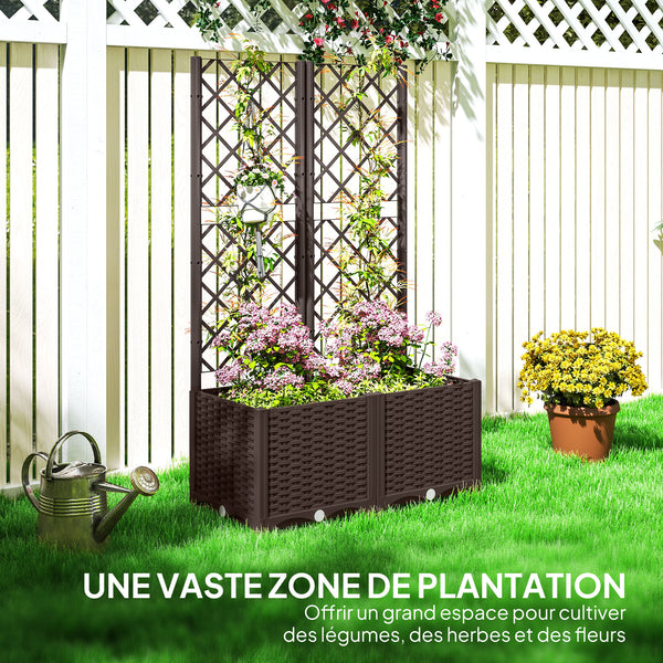 Jardinière avec treillis, lit surélevé de jardin, jardinière extérieure avec 6 trous de drainage, réservoirs d'eau, bac à fleurs pour balcon terrasse patio, 80 x 40 x 135 cm, marron