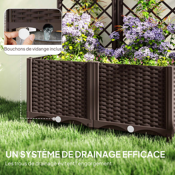 Jardinière avec treillis, lit surélevé de jardin, jardinière extérieure avec 6 trous de drainage, réservoirs d'eau, bac à fleurs pour balcon terrasse patio, 80 x 40 x 135 cm, marron