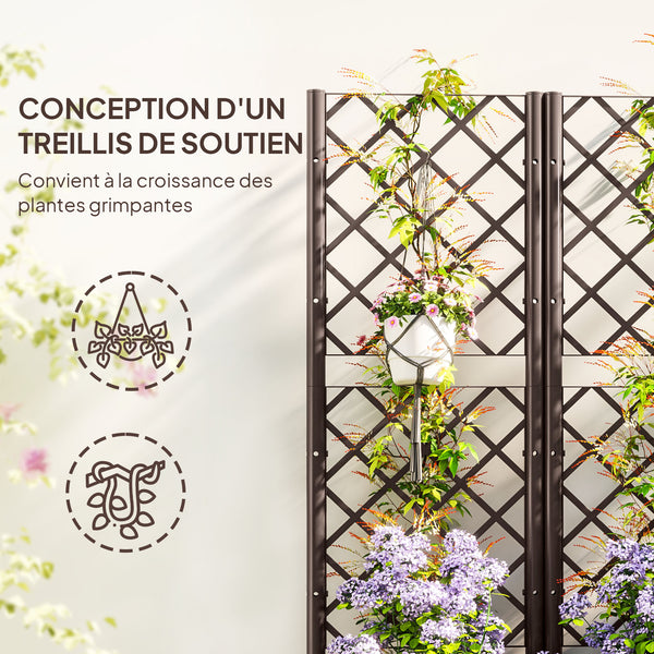 Jardinière avec treillis, lit surélevé de jardin, jardinière extérieure avec 6 trous de drainage, réservoirs d'eau, bac à fleurs pour balcon terrasse patio, 80 x 40 x 135 cm, marron