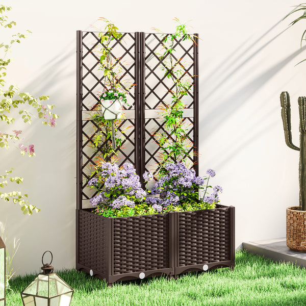 Jardinière avec treillis, lit surélevé de jardin, jardinière extérieure avec 6 trous de drainage, réservoirs d'eau, bac à fleurs pour balcon terrasse patio, 80 x 40 x 135 cm, marron