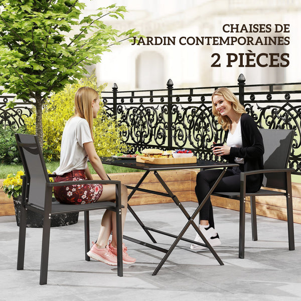 Lot de 2 chaises de jardin chaises empilables d'extérieur respirant avec accoudoirs, en aluminium et textilène pour jardin, piscine, terrasse, gris foncé