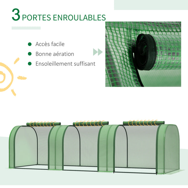 Mini Serre de Jardin mini serre tunnel serre à tomates 3L x 1l x 0,8H m Acier PE Haute densité Anti-UV 3 fenêtres avec Zip enroulables Vert