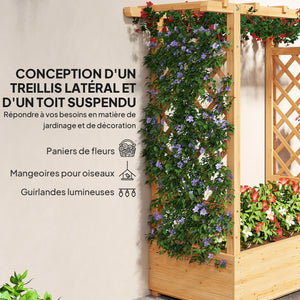Jardinière Surélevée avec treillis Latéral et Supérieur, bac à fleurs, lit surélevé Trous de Drainage, pour plantes grimpantes, légumes, fleurs, extérieur, bois massif, bois naturel