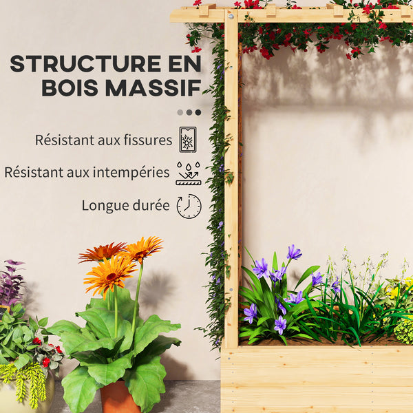 Jardinière Surélevée avec treillis Latéral et Supérieur, bac à fleurs, lit surélevé Trous de Drainage, pour plantes grimpantes, légumes, fleurs, extérieur, bois massif, bois naturel