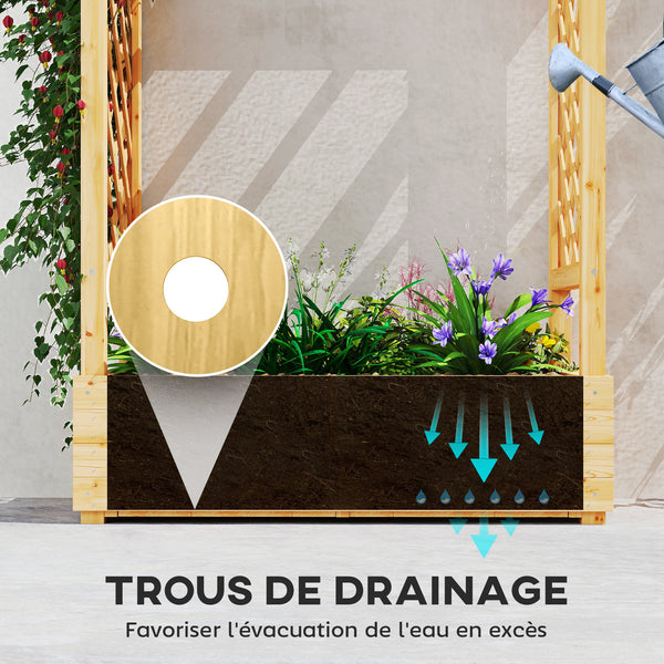 Jardinière Surélevée avec treillis Latéral et Supérieur, bac à fleurs, lit surélevé Trous de Drainage, pour plantes grimpantes, légumes, fleurs, extérieur, bois massif, bois naturel